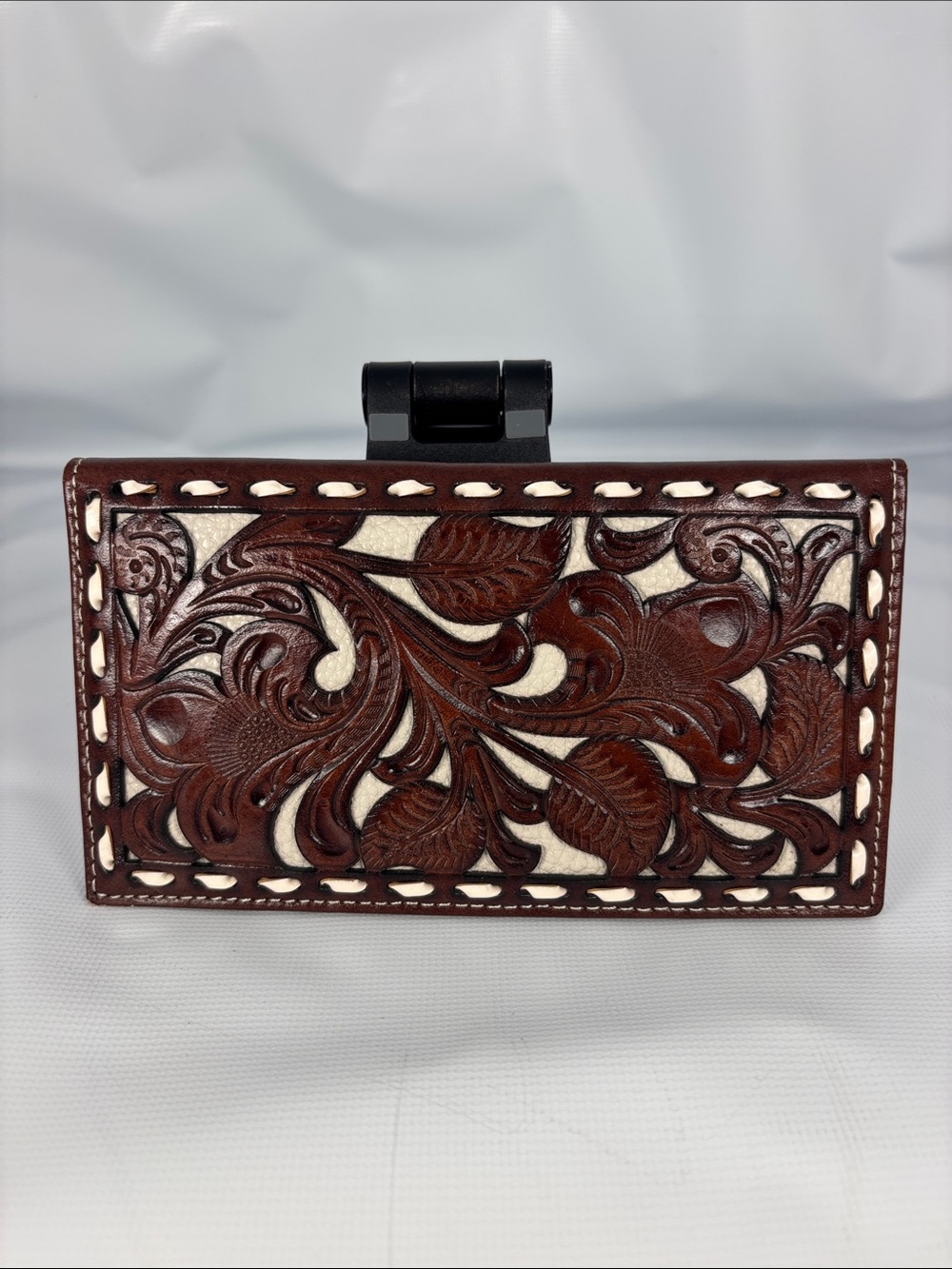 Nocona Brown Tooled Leather Wallet with Cream Inlay